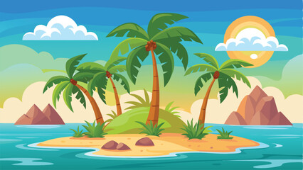 Tropical Island Cartoon Palm Trees, Sandy Beach, Blue Water, Sun and Mountains