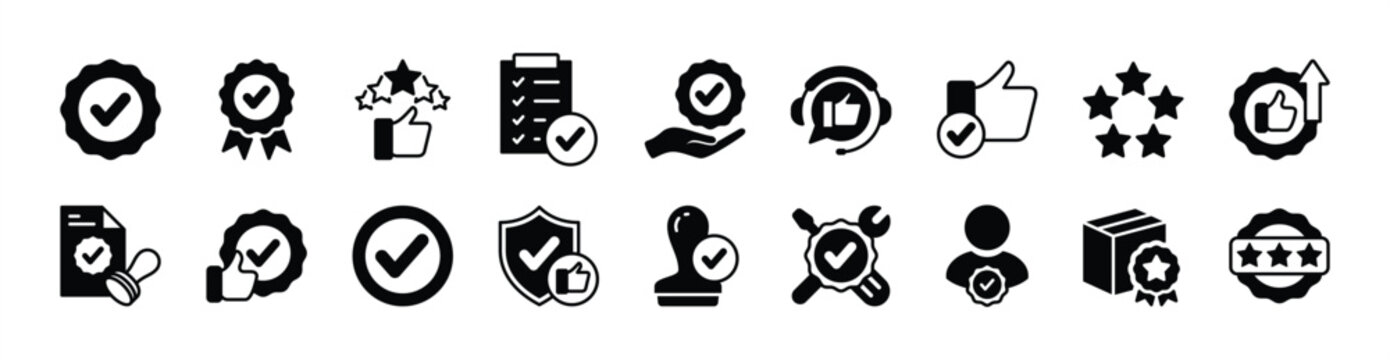 High quality icon vector set. Contains award badge, star, medal reward, thumb up, certification stamp label, medal, best product, value, approval, guarantee, rating, satisfaction. Illustration