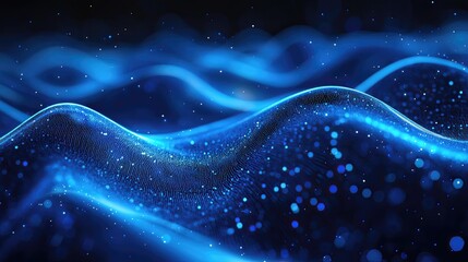 Abstract blue wavy surface with sparkling particles