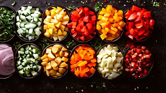 Row of bowls of chopped vegetables food background