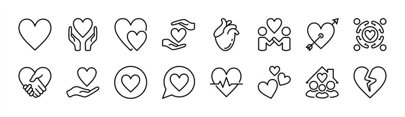 Love heart icon vector set. Contains care, handshake nubes, friendship, core, healthcare, heartbeat, broken heart, couple, button, romantic family, support, human relationships, doodle. Illustration