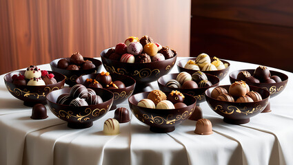 Fototapeta premium chocolate truffles nestled in glossy dark chocolate bowls, studio lighting.