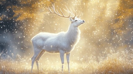 Elegant white deer in a dreamy, golden forest with sparkling, magical lights