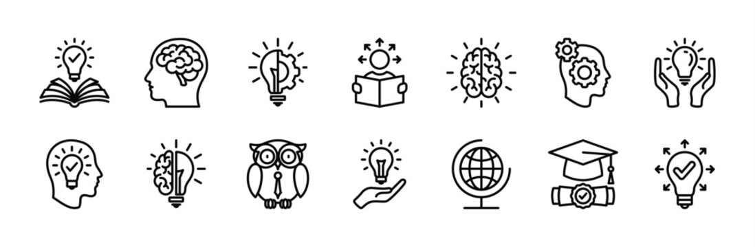 Knowledge cognition icon set. Contains innovation, smart thinking, learning, light bulb genius idea, creative, creativity, education book, achievement, brain, brainstorm, graduation. Vector