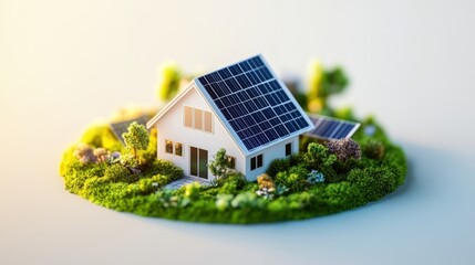 miniature house with solar panels on roof and lush green garden surrounded by trees and colorful flowers