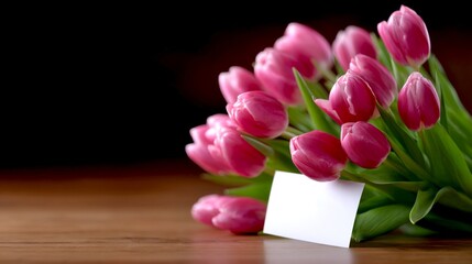 Beautiful bouquet of pink tulips set on a warm wooden table. The delicate flowers create a charming atmosphere. Perfect for spring celebrations. A lovely touch for any event. AI
