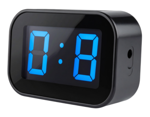 Minimalist Digital Alarm Clock with LED Display in Soft Blue Light, Transparent Background.