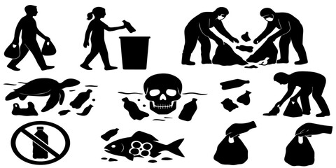 A set of black and white silhouette illustrations symbolizing environmental awareness, focusing on cleaning up plastic waste and spreading the message against pollution to protect wildlife and ocean