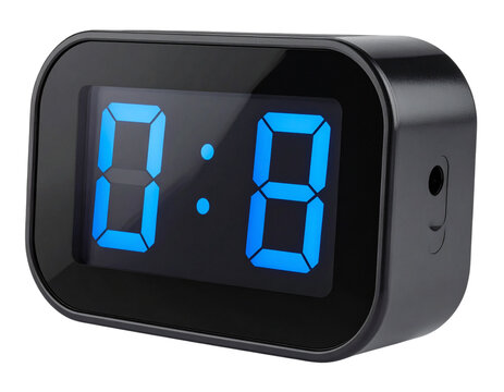 Minimalist Digital Alarm Clock with LED Display in Soft Blue Light, Transparent Background.