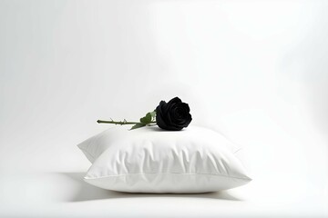 Black rose resting on a white pillow against plain background  
