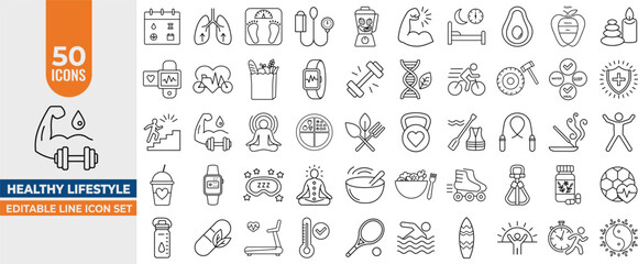 Healthy Lifestyle Icon Set – Editable Vector Icons for Fitness, Nutrition, Wellness, Yoga, Sleep & Health Tracking. Editable Stroke. Vector illustration.