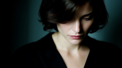 A thoughtful woman with dark hair gazes downward. The soft light creates a serene mood. This portrait captures introspection and elegance, perfect for emotional themes or creative projects. AI