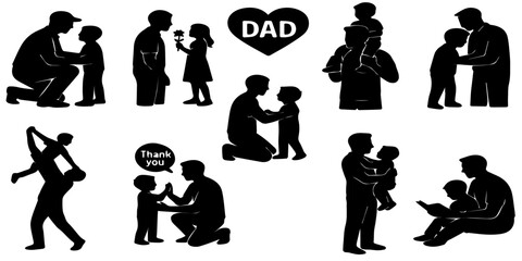 Illustration showcasing silhouette scenes of fathers engaging in tender moments with their children, depicting love, care, and family connections through diverse interactions and heartwarming gestures