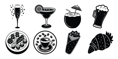 set of various drinks and foods silhouette on white background