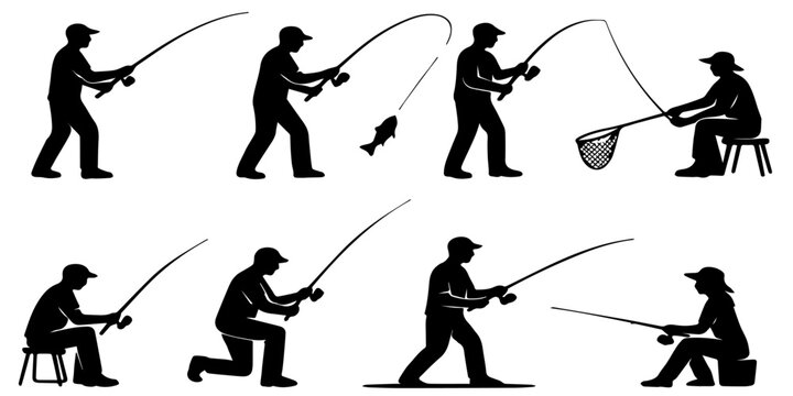 Set of black silhouettes depicting individuals fishing, casting lines, and catching fish. Illustrates recreational fishing, active lifestyles, and outdoor activities with simple and recognizable outli