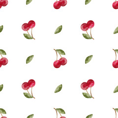 Pattern watercolor illustration cherry berries with green leaves hand drawn. Seamless print in children's stylized style isolated background for design textiles, fabrics, packaging, clothes, packaging