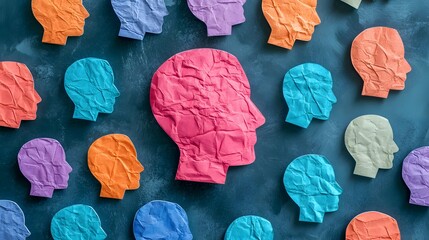 Colorful crumpled paper head silhouettes arranged in a design.