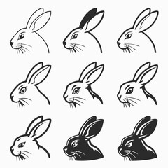 Fototapeta premium Collection of nine stylized rabbit head profiles in various black and white designs