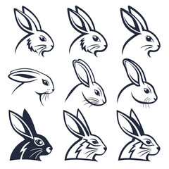 Collection of nine vector rabbit head silhouettes in various styles and outline designs
