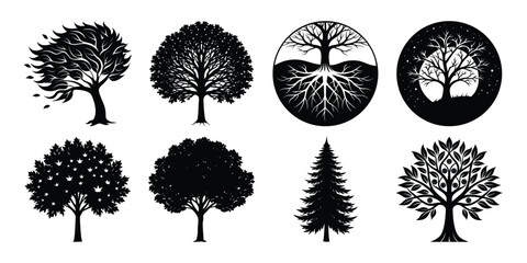 set of trees silhouettes on white background