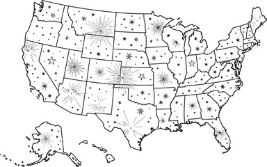 Fototapeta premium A black and white outline map of the united states decorated with stars and radial burst designs inside