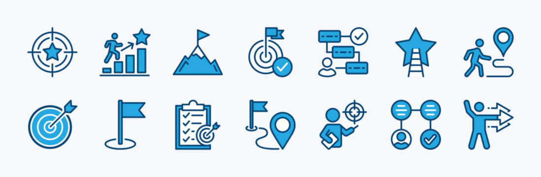 Set of action plan target and goal icon. Contains progress, achievement, strategy, mountain peak, step, workflow, objective route, checklist task, guidance, direction, success. Vector illustration
