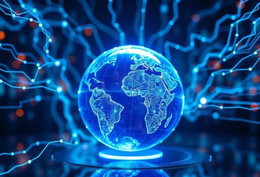 Futuristic blue glowing globe with data streams representing global cloud storage, global, technology - Powered by Adobe