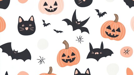 Fototapeta premium Seamless Halloween pattern featuring pumpkins, bats, and black cats on a white background. Festive design for backgrounds, textiles, and decorations with Halloween theme.