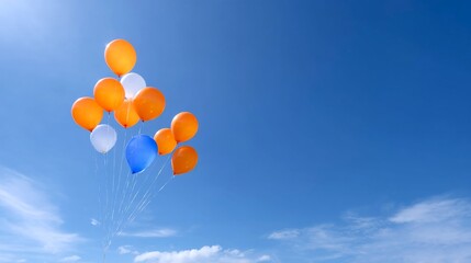 Bright balloons float gracefully against a clear blue sky. Their vibrant colors create a joyful atmosphere. Perfect for celebrations or uplifting images. AI
