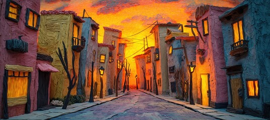 Plasticine Street Scene at Sunset with Glowing Windows and Soft Textures