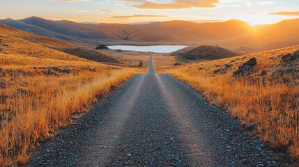 Naklejka premium Golden sunset over a mountain road. A gravel road stretches into the distance, leading to a tranquil lake, bathed in warm golden light. Rolling hills covered in autumnal grasses surround the scene