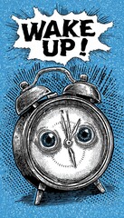 Retro Alarm Clock with Comic Eyes and "Wake Up!" Burst