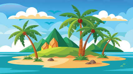Cartoon Tropical Island Landscape with Palm Trees, Mountains, Ocean, and Cloudy Sky
