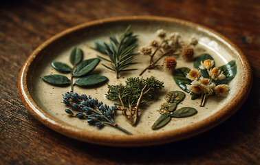 Dried Flowers and Herbs on a Beige Plate Rustic Still Life