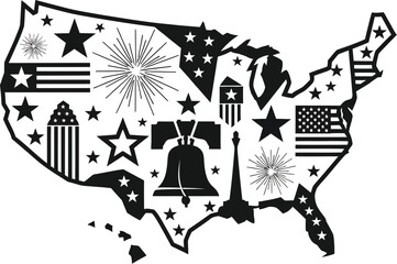 A black and white graphic of the united states map filled with patriotic symbols and icons design