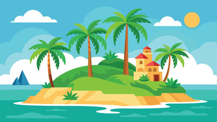 Sunny Tropical Island Landscape with Palm Trees, Small Buildings, and Blue Ocean Views
