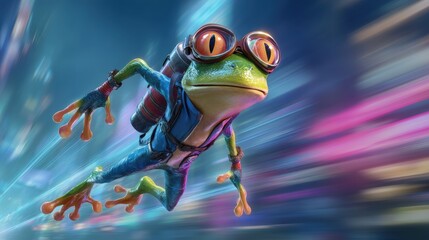 Superhero Frog with Goggles and Jetpack Soars Over Neon Cityscape