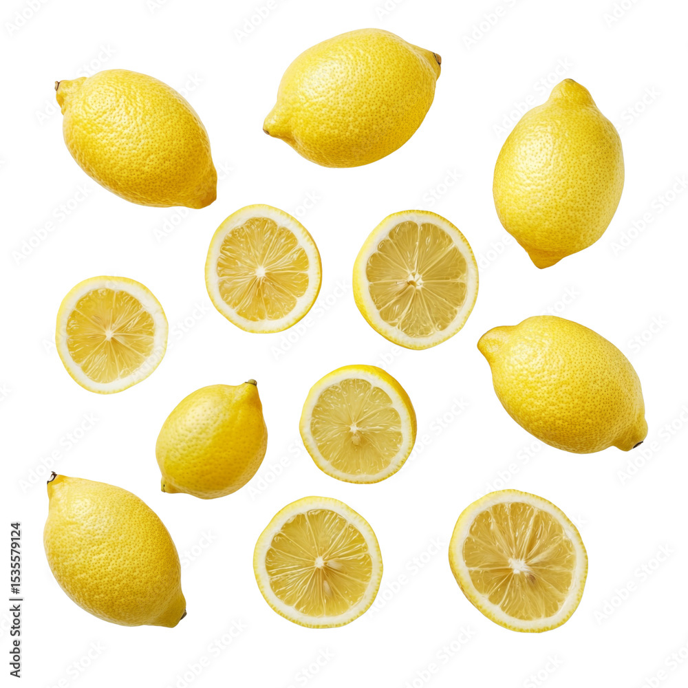 Poster fresh lemons and lemon slices arranged artistically on transparency background, showcasing their vib