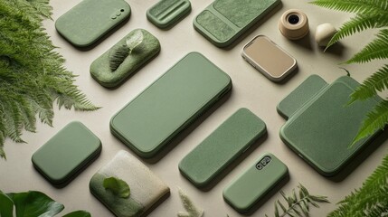 Aesthetic arrangement of green smartphone cases and accessories surrounded by decorative plants and natural textures