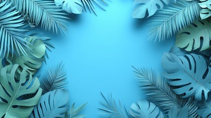 Blue Palm Leaves Paper Cut Monochrome Background, Simple Design, Hyperdetailed, Photorealistic, High Resolution, Soft Light, Pastel Colors, Flat Shading
