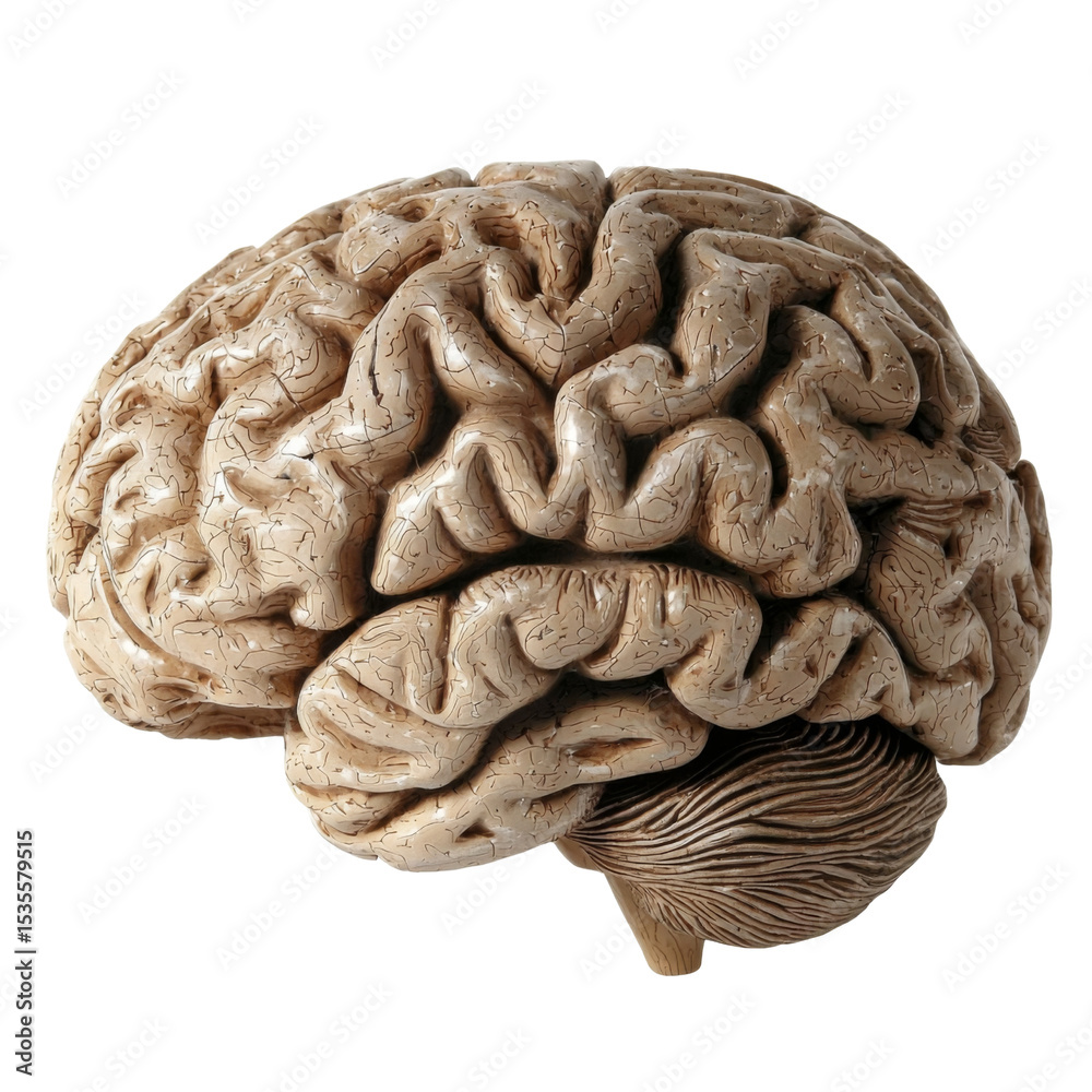Poster detailed anatomical model of human brain showcasing its intricate folds and structures, emphasizing complexity of organ. This representation highlights brain unique features and textures
