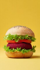 Vegan Beetroot Burger with Lettuce and Tomato on Yellow Background