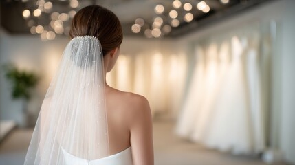 A bride stands with her back to the camera in a bridal shop. The soft glow of lights enhances the atmosphere. The designs of elegant wedding dresses are displayed beautifully. AI