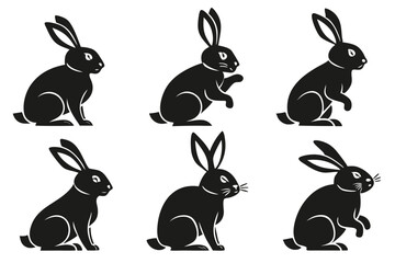 Fototapeta premium Six black rabbits in various poses on white background isolated design elements