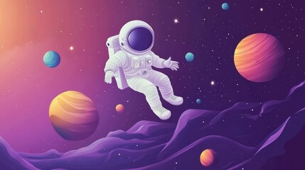 Naklejka premium Astronaut floating in space among planets and stars. Space exploration and science fiction concept with spaceman in spacesuit on an alien planet landscape with vibrant colors.