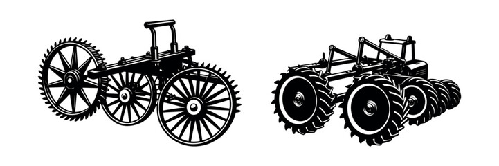 Fototapeta premium Farming Tools Silhouette Clipart Agricultural Vehicle and Machinery Vector Art Design set