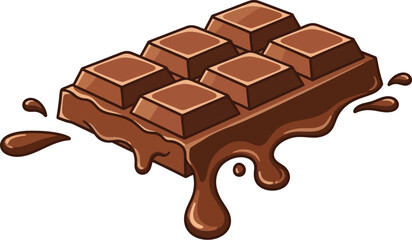 A cartoon illustration of a chocolate bar with melting chocolate on a white background image design