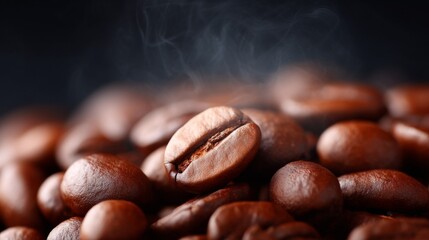 Rich brown coffee beans are piled together, giving off a warm aroma. The close-up view captures their glossy texture and freshness. Perfect for coffee lovers. AI