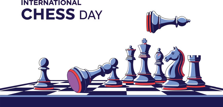 International chess day graphic with chess pieces on a chessboard in a stylized vector illustration