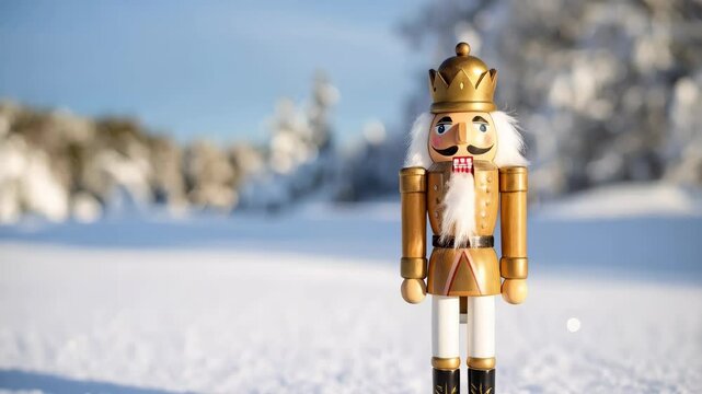 Festive wooden nutcracker figurine standing in snow covered field on bright winter day